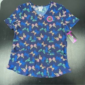 Scrubstar Butterfly Scrub Top Women’s Size Medium Spring Navy V-Neck New